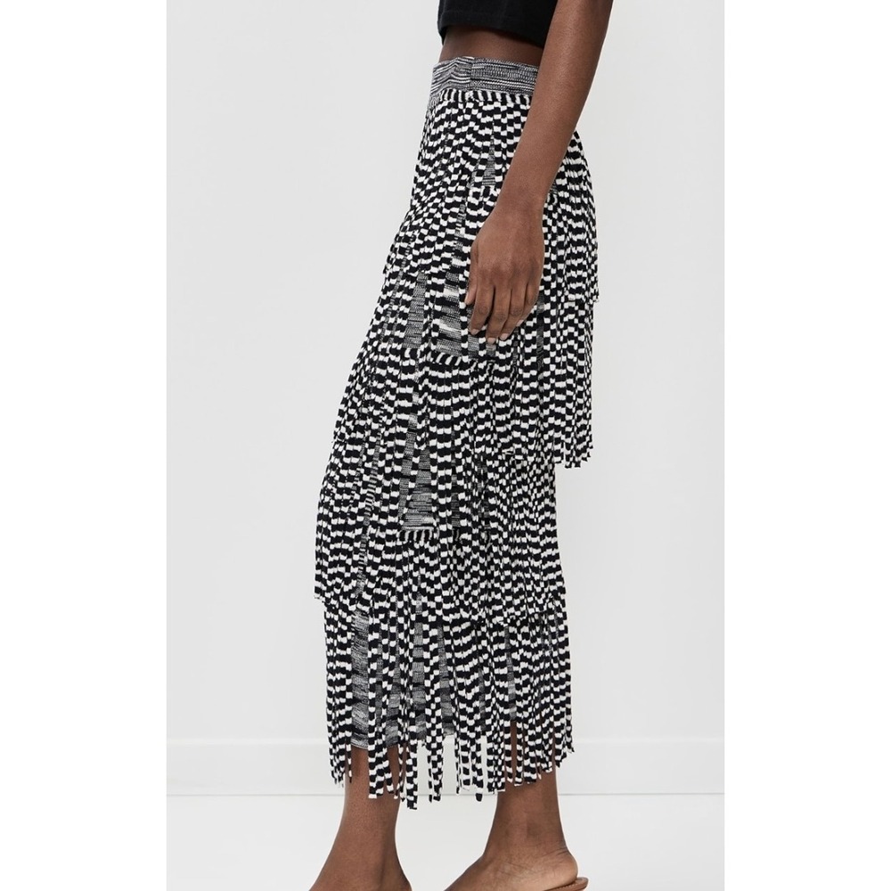 Simon Miller Za Za Knit Fringe Skirt Black White Women XS Space Dye Midi New